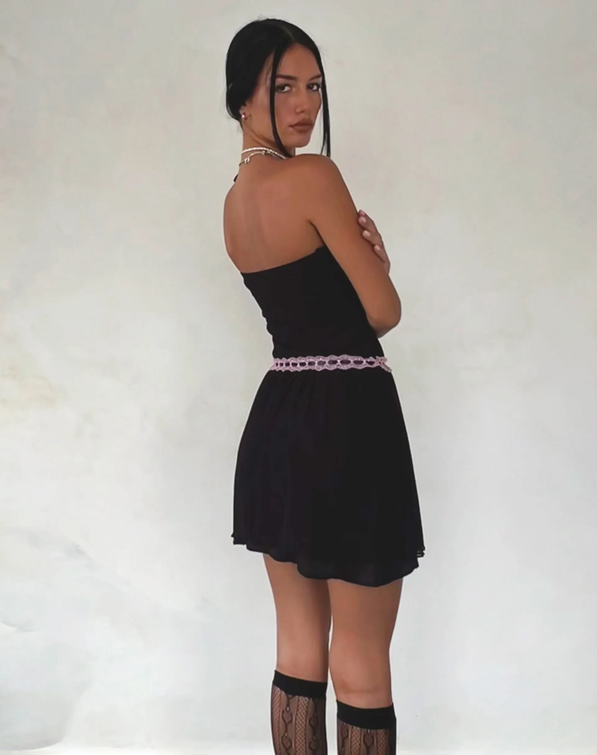 Cleodora Bandeau Mesh Mini Dress in Black with Pink Waistband