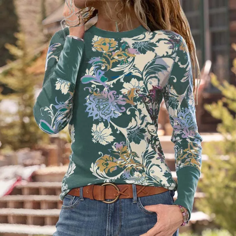 Fashion casual round neck color printing long sleeve t-shirt women