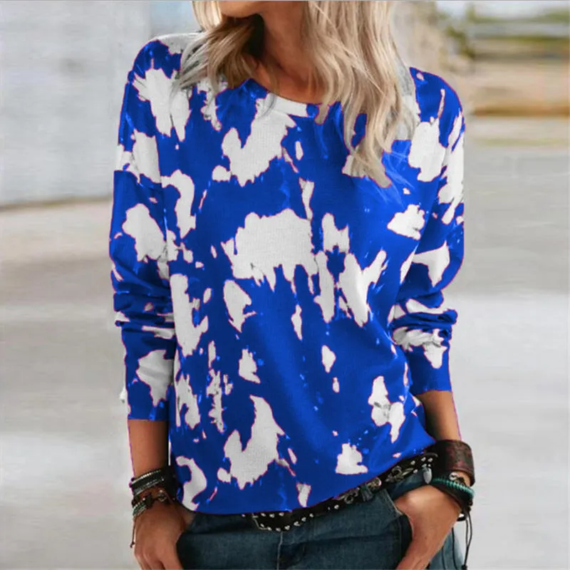 Fashion loose round neck long sleeve hit color printing T-shirt top women