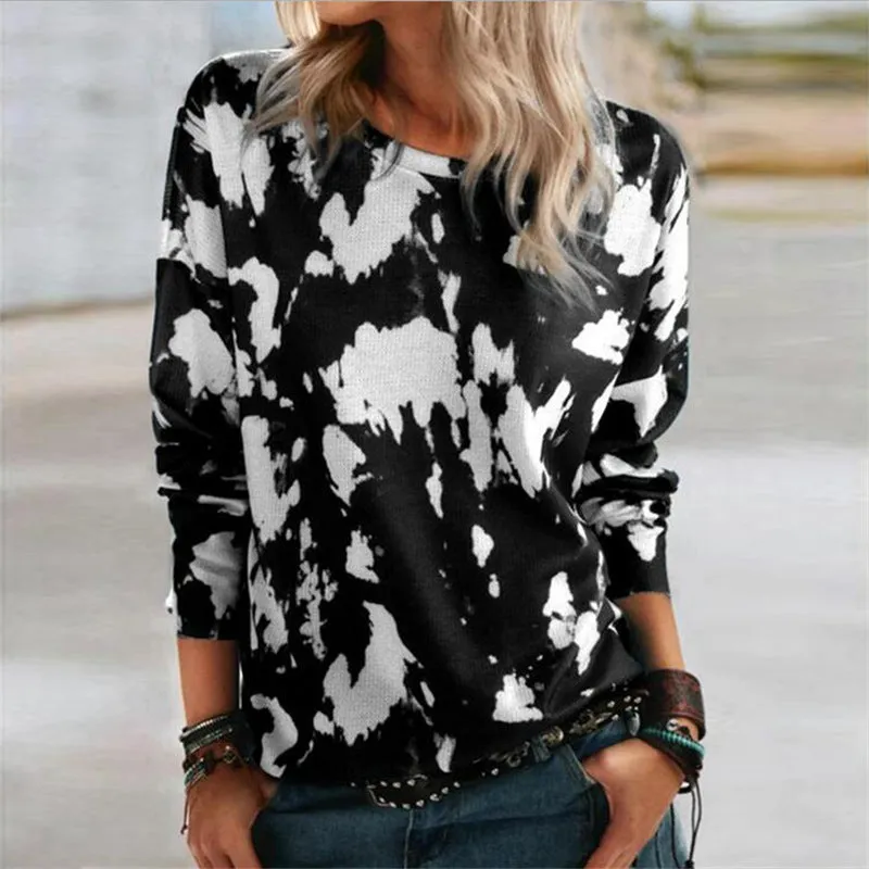 Fashion loose round neck long sleeve hit color printing T-shirt top women