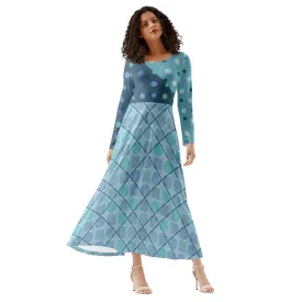 Fit and Flare Maxi Dress | Long Sleeves | Casual or Semi-Formal| Elegant Blue Dots & Checks Office or Work Dress |