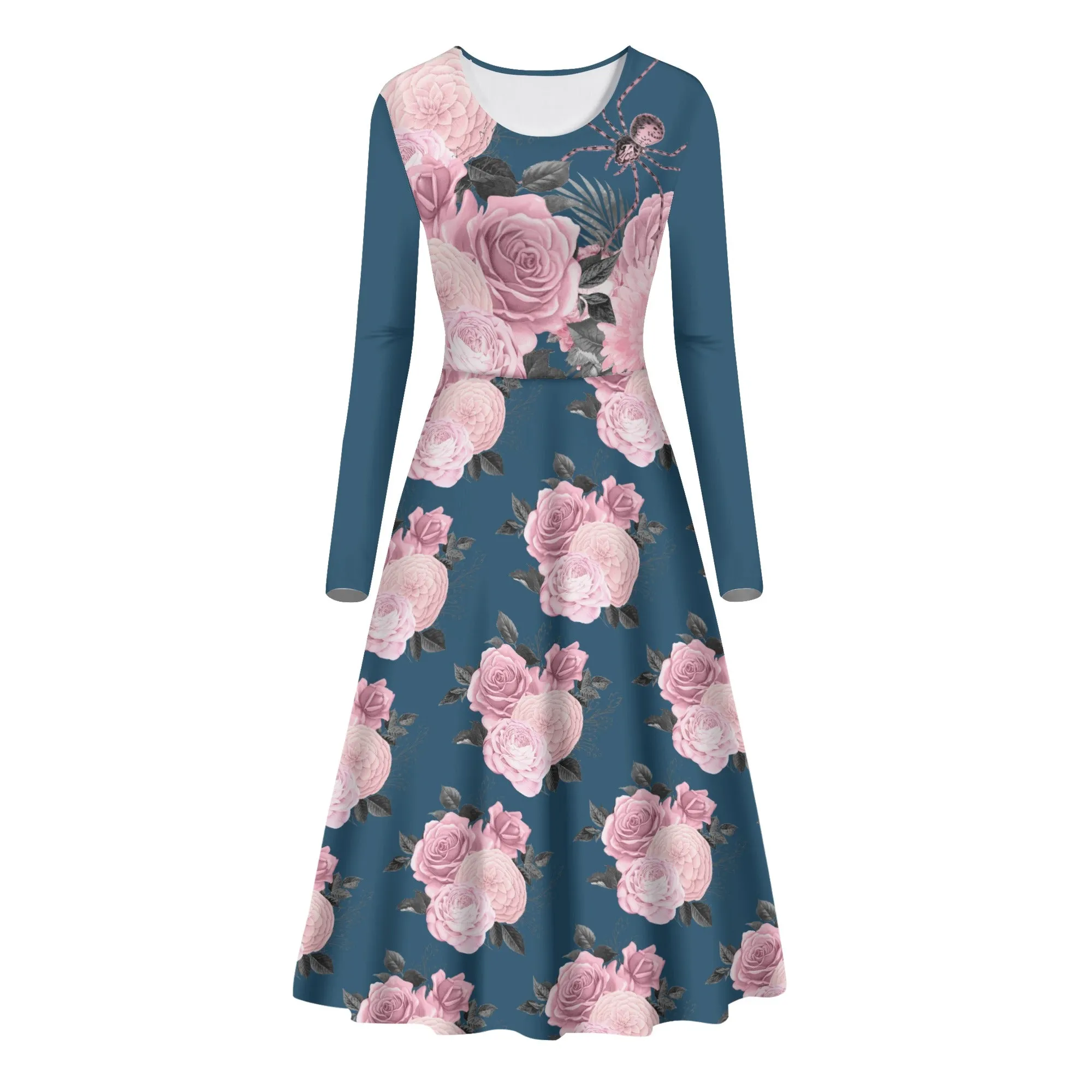 Fit and Flare Maxi Dress | Long Sleeves | Casual or Semi-Formal| Elegant Floral Party Dress | Pink Roses