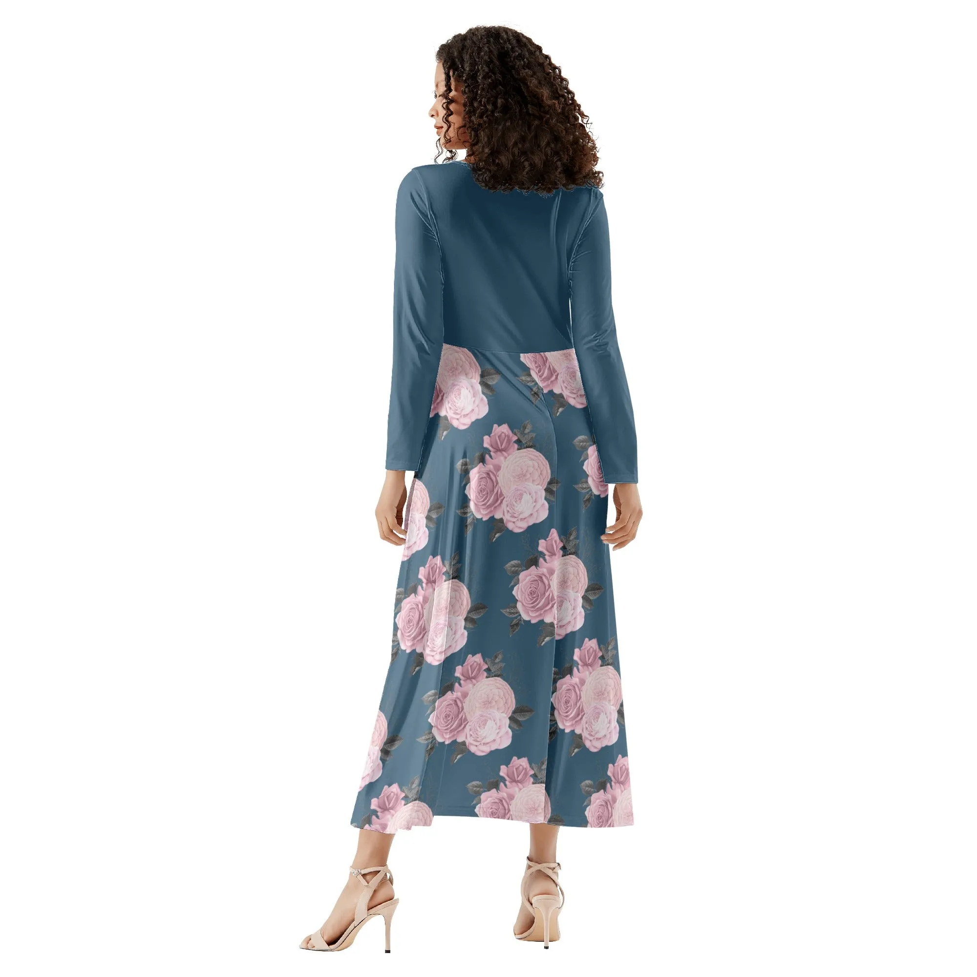 Fit and Flare Maxi Dress | Long Sleeves | Casual or Semi-Formal| Elegant Floral Party Dress | Pink Roses