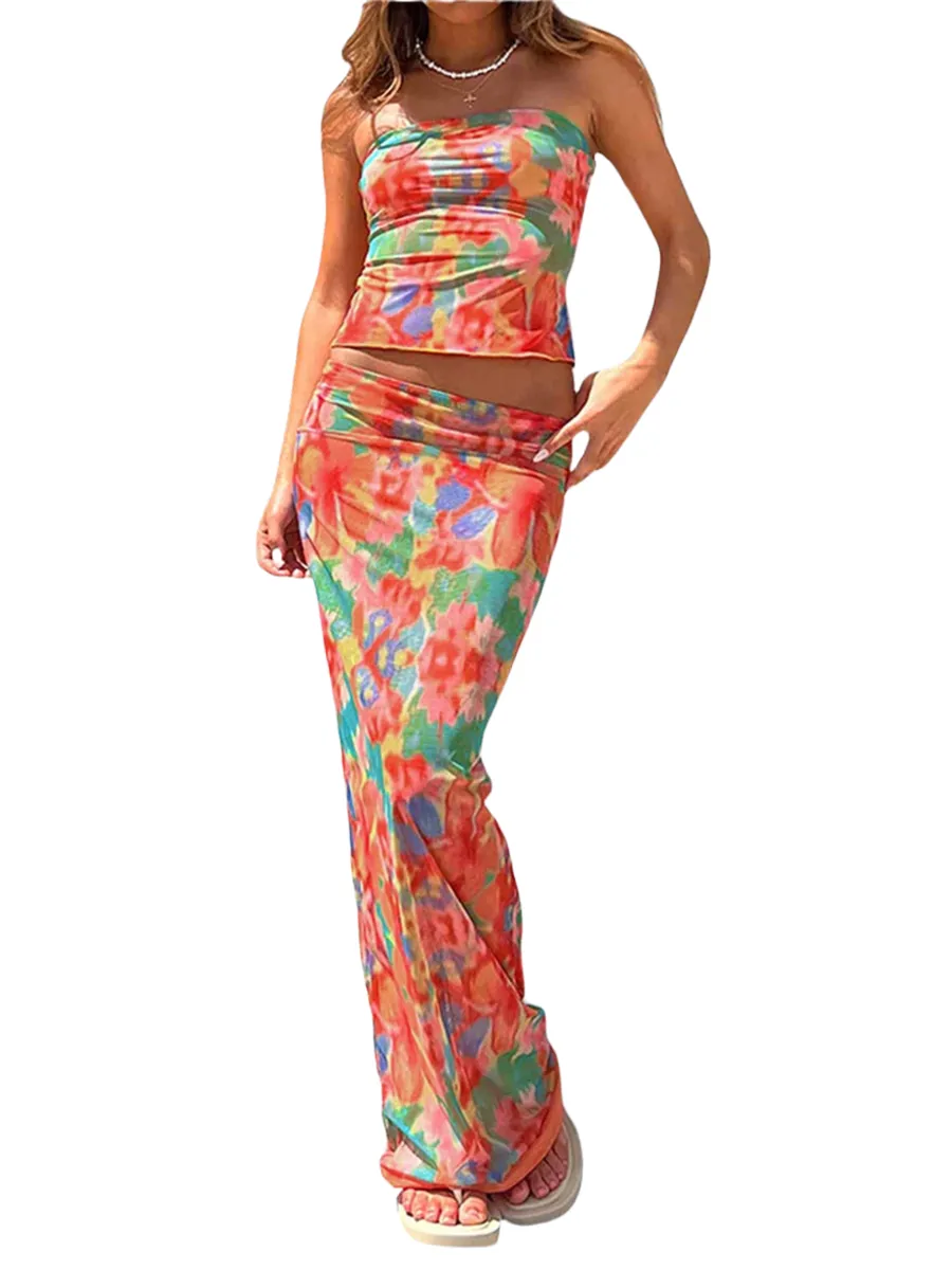 Floral Print Top and Bodycon Long Skirt Set