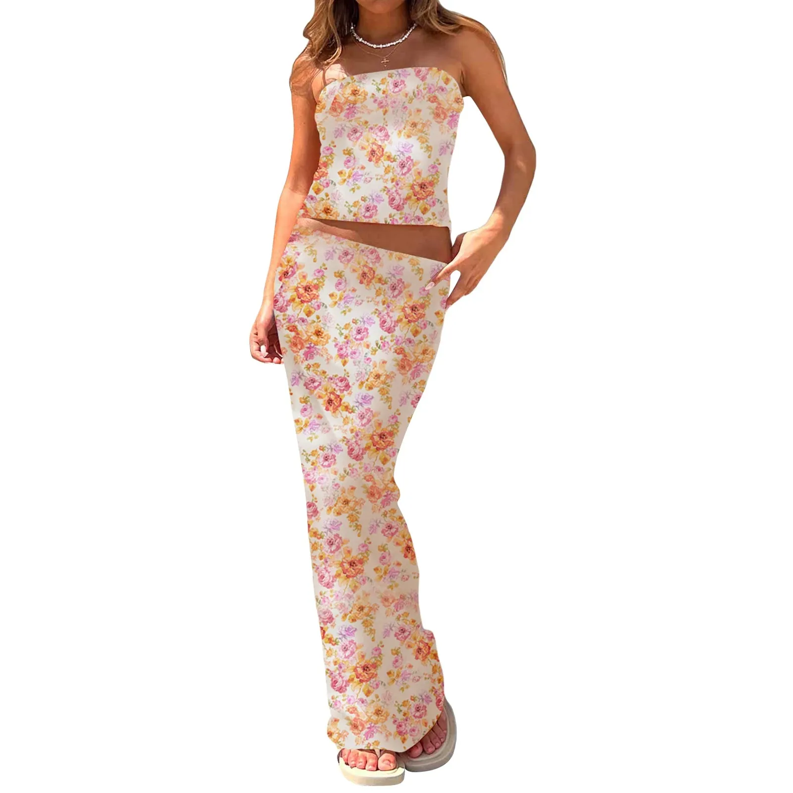 Floral Print Top and Bodycon Long Skirt Set