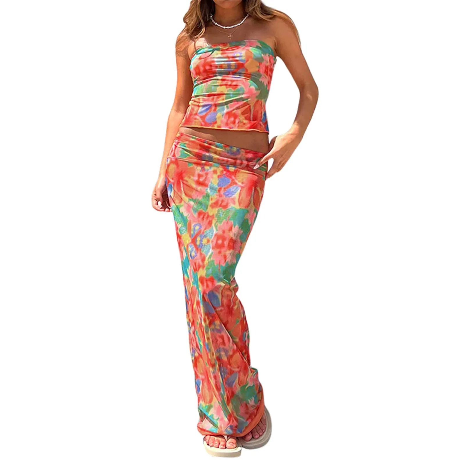 Floral Print Top and Bodycon Long Skirt Set