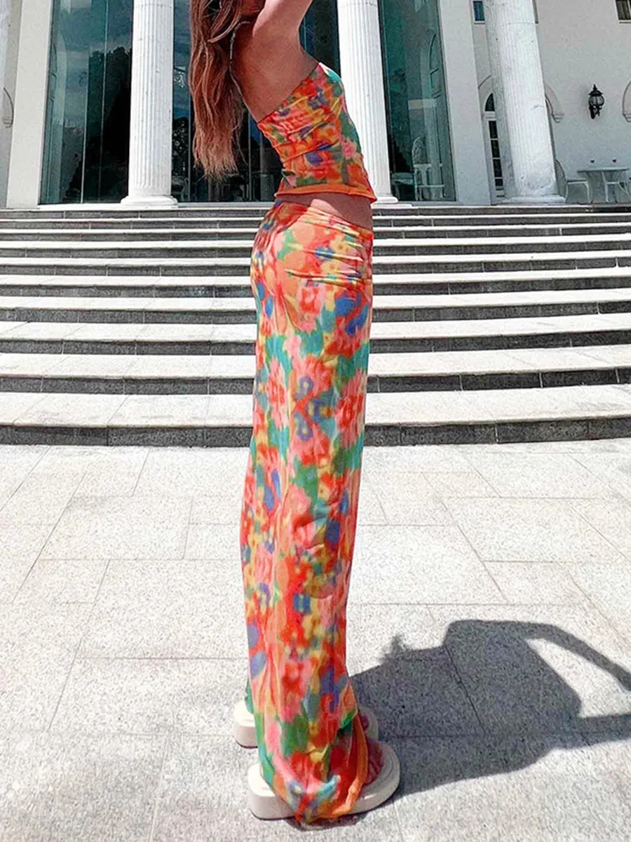 Floral Print Top and Bodycon Long Skirt Set