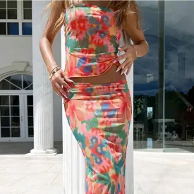 Floral Print Top and Bodycon Long Skirt Set