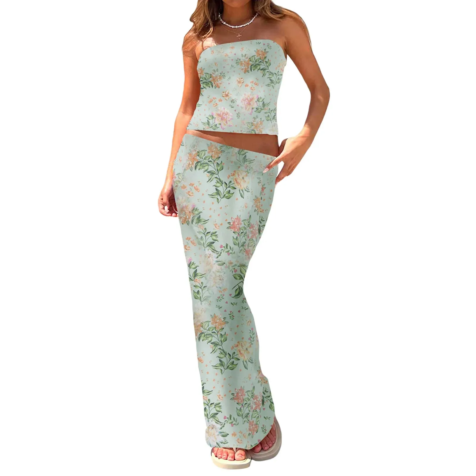 Floral Print Top and Bodycon Long Skirt Set