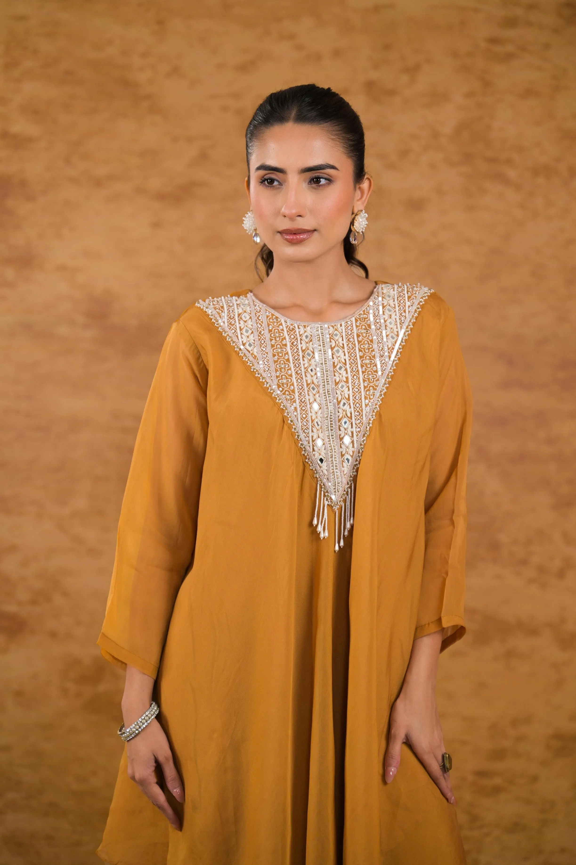 Golden Yellow Embellished Organza Silk Kurta Set