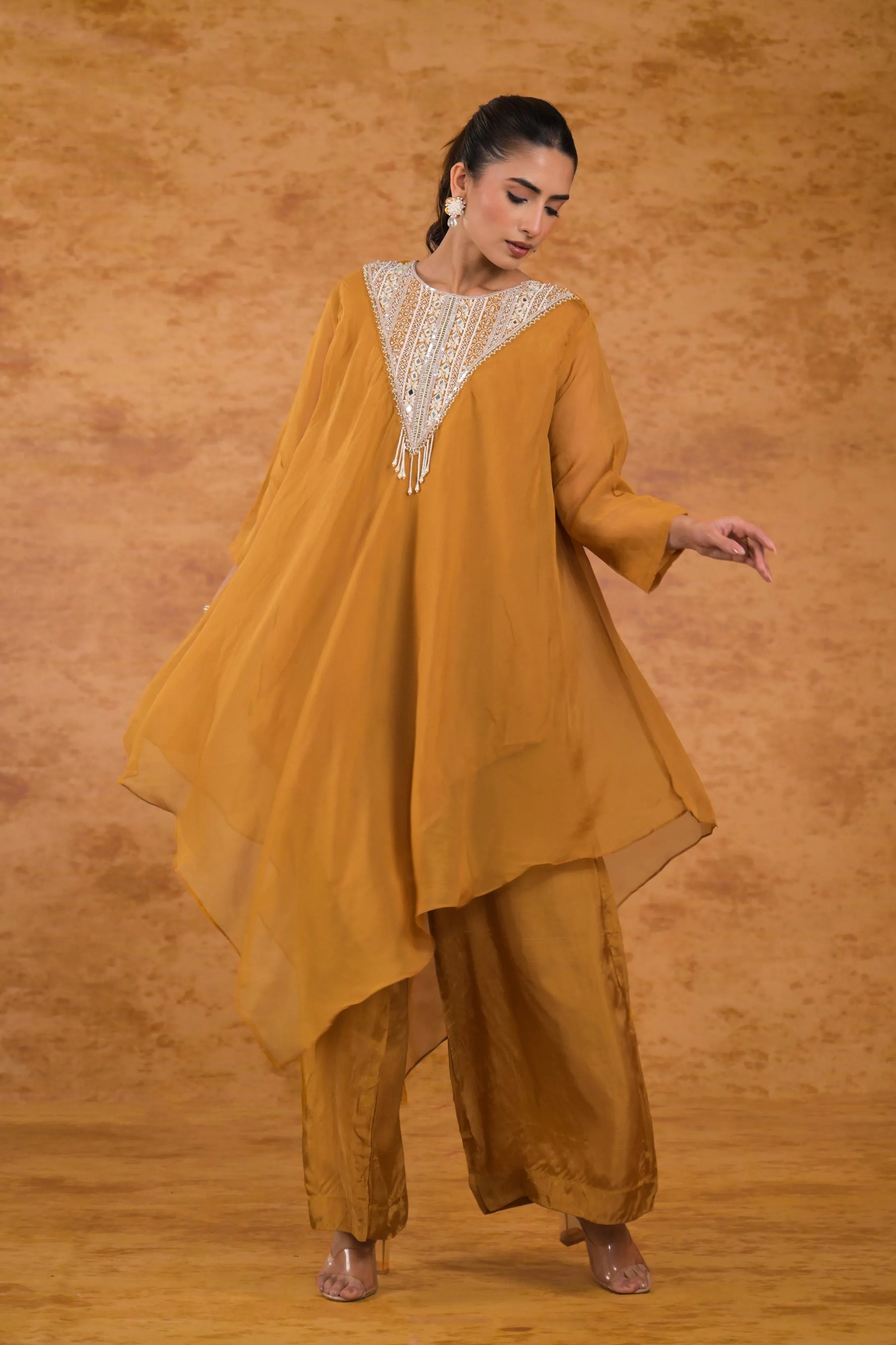 Golden Yellow Embellished Organza Silk Kurta Set