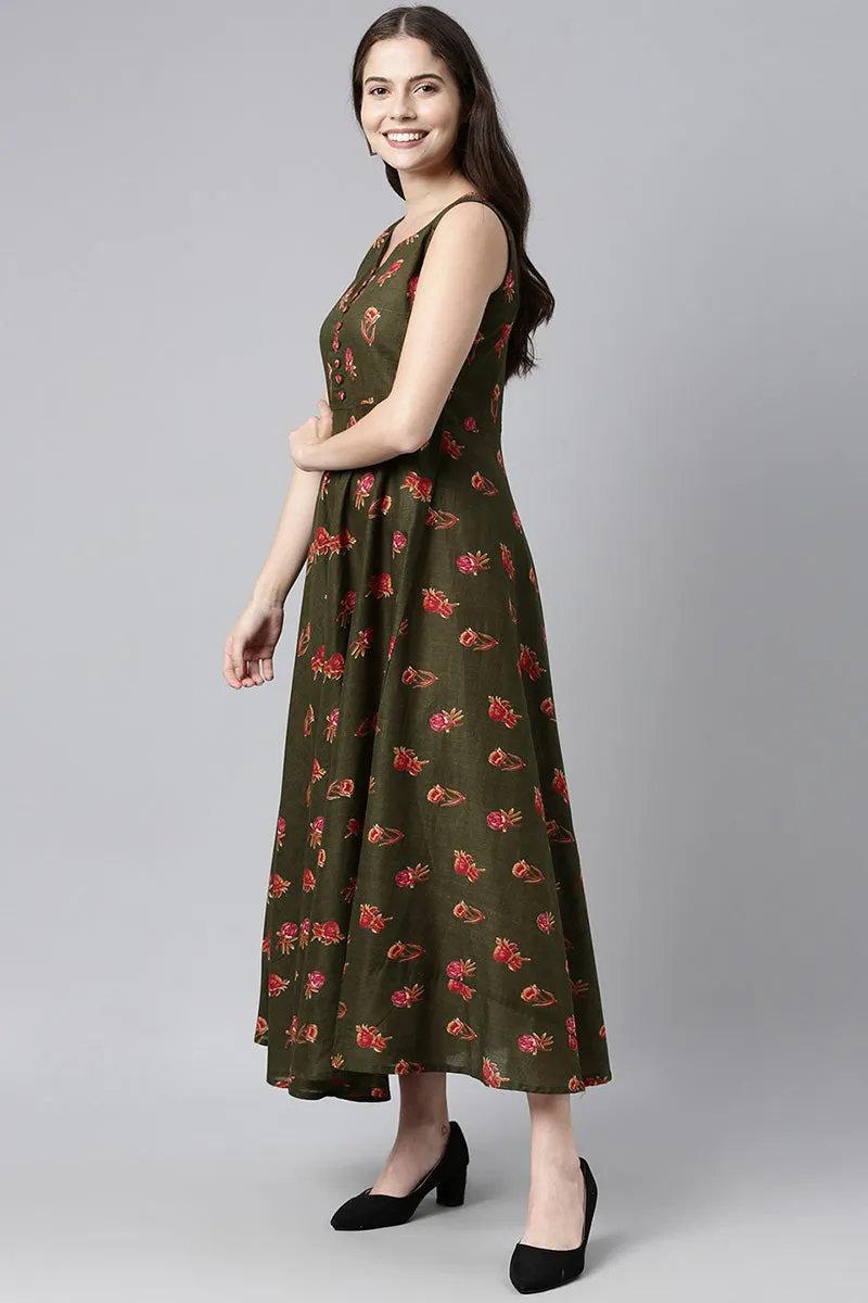 Green Pure Cotton Floral Sleeveless Maxi Dress