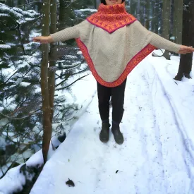 Grey and Red poncho with sleeves is knit of alpaca fibers #0028