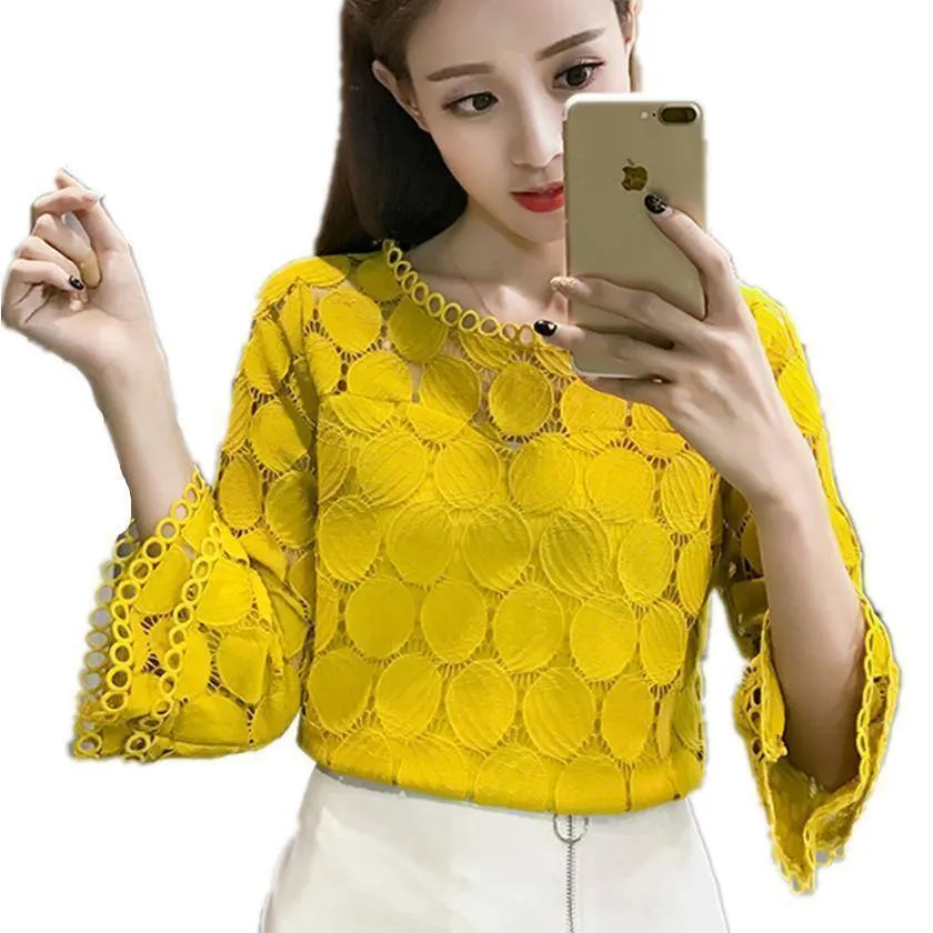 Hollow Out Lace Blouses Shirts Flare Sleeves O-Neck (US 4-16)