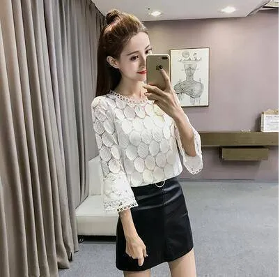 Hollow Out Lace Blouses Shirts Flare Sleeves O-Neck (US 4-16)