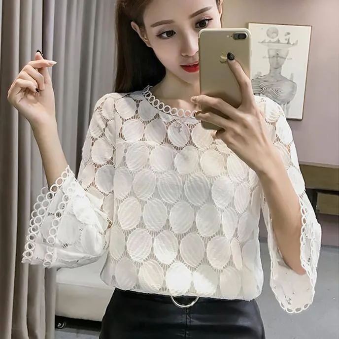 Hollow Out Lace Blouses Shirts Flare Sleeves O-Neck (US 4-16)