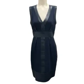 J. Mendel Navy Blue Leather Trimmed Sleeveless V-Neck Sheath Dress