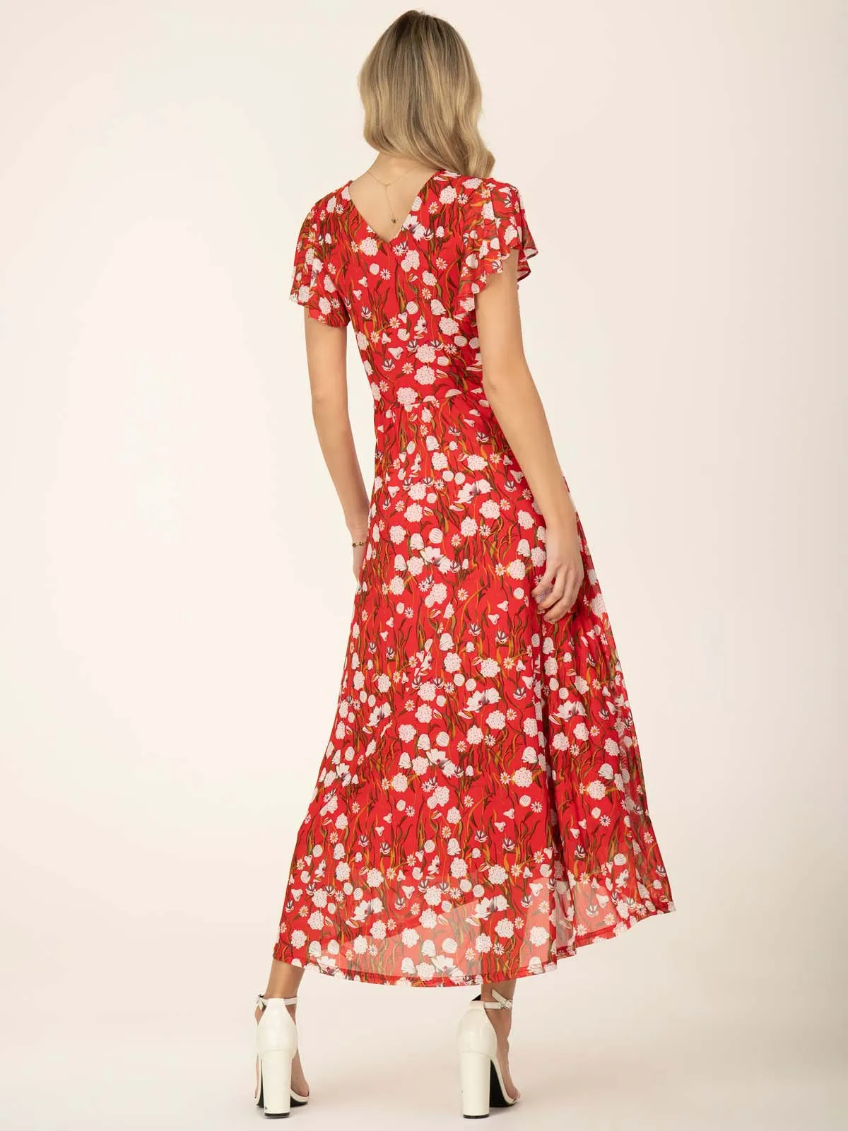 Jolie Moi Eleanor Wrap Mesh Maxi Dress, Red Floral