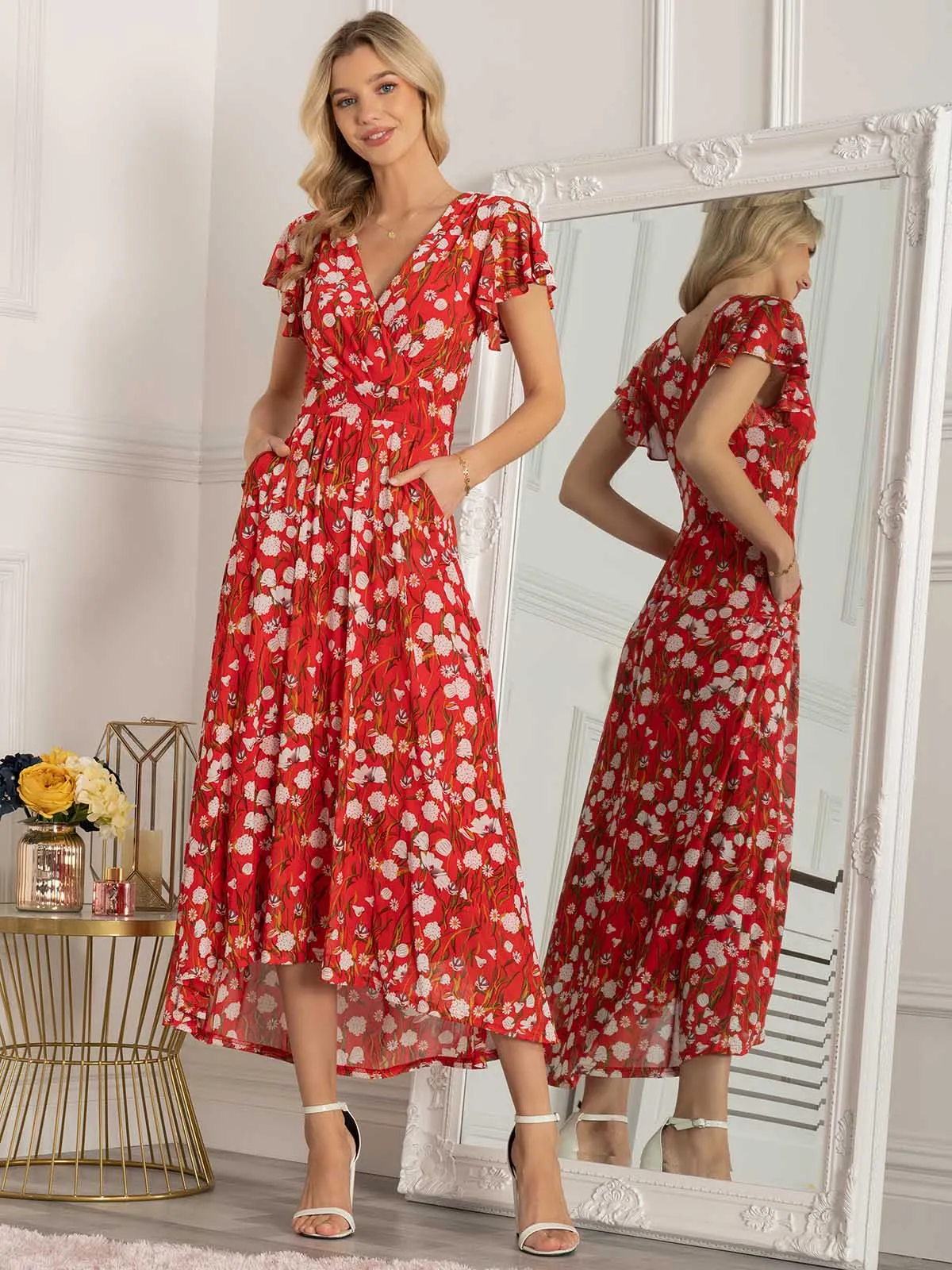 Jolie Moi Eleanor Wrap Mesh Maxi Dress, Red Floral