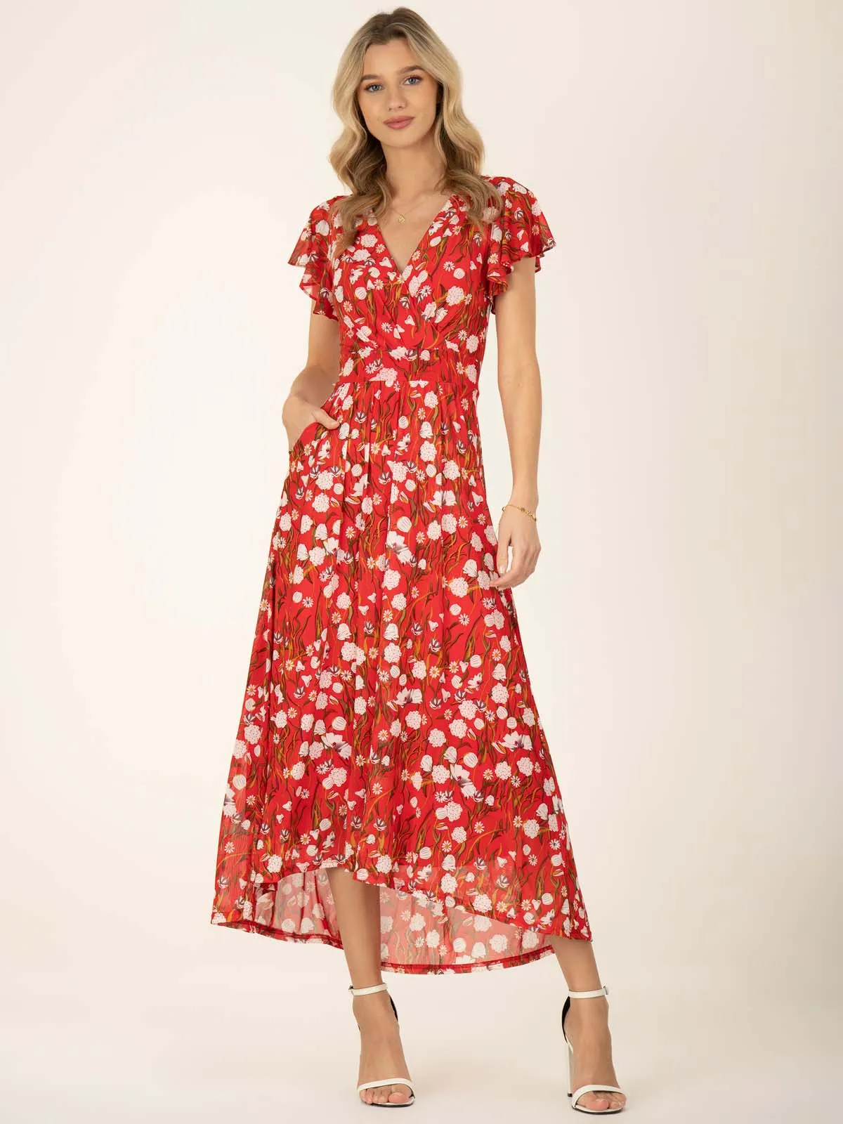 Jolie Moi Eleanor Wrap Mesh Maxi Dress, Red Floral