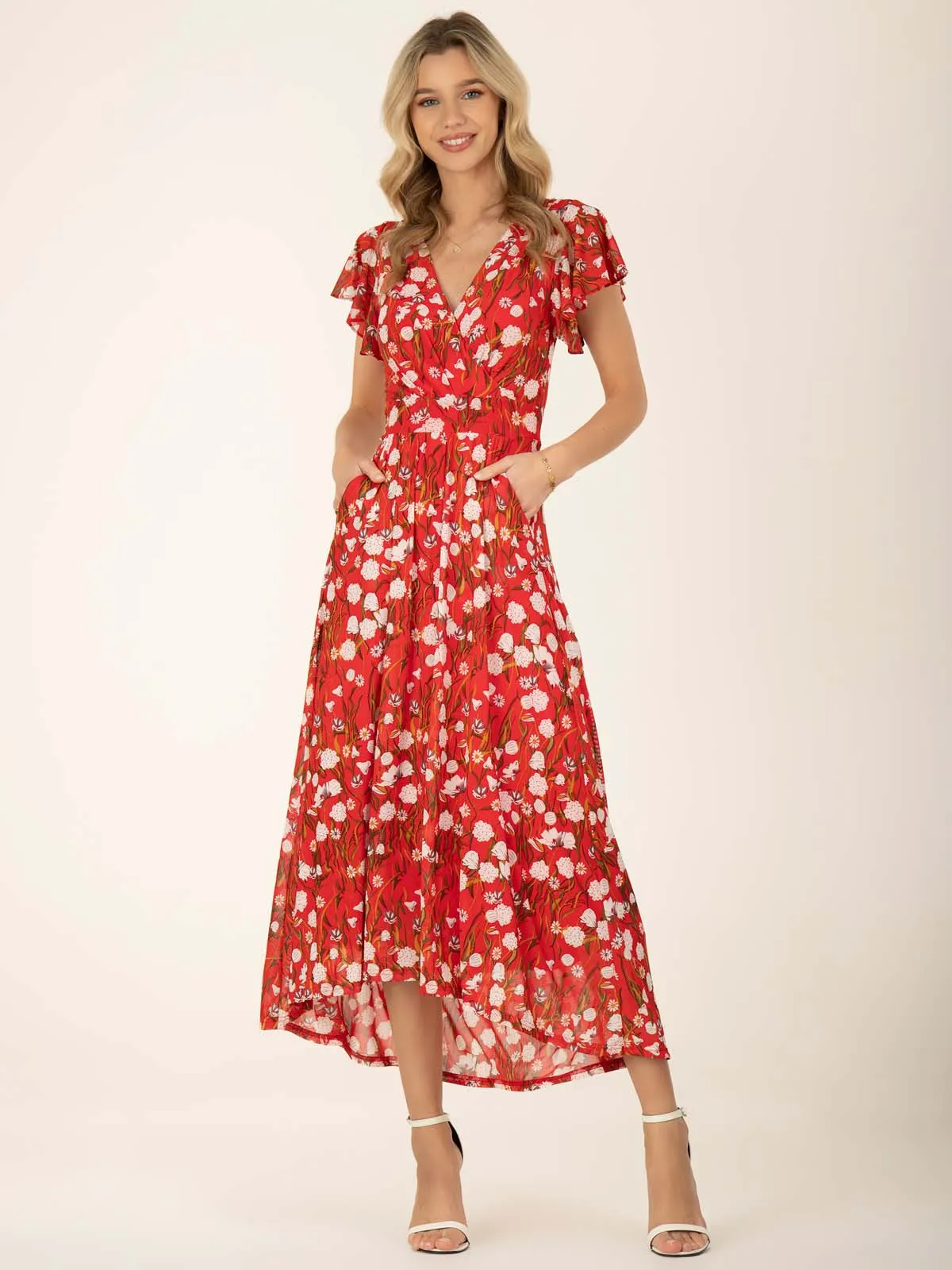 Jolie Moi Eleanor Wrap Mesh Maxi Dress, Red Floral