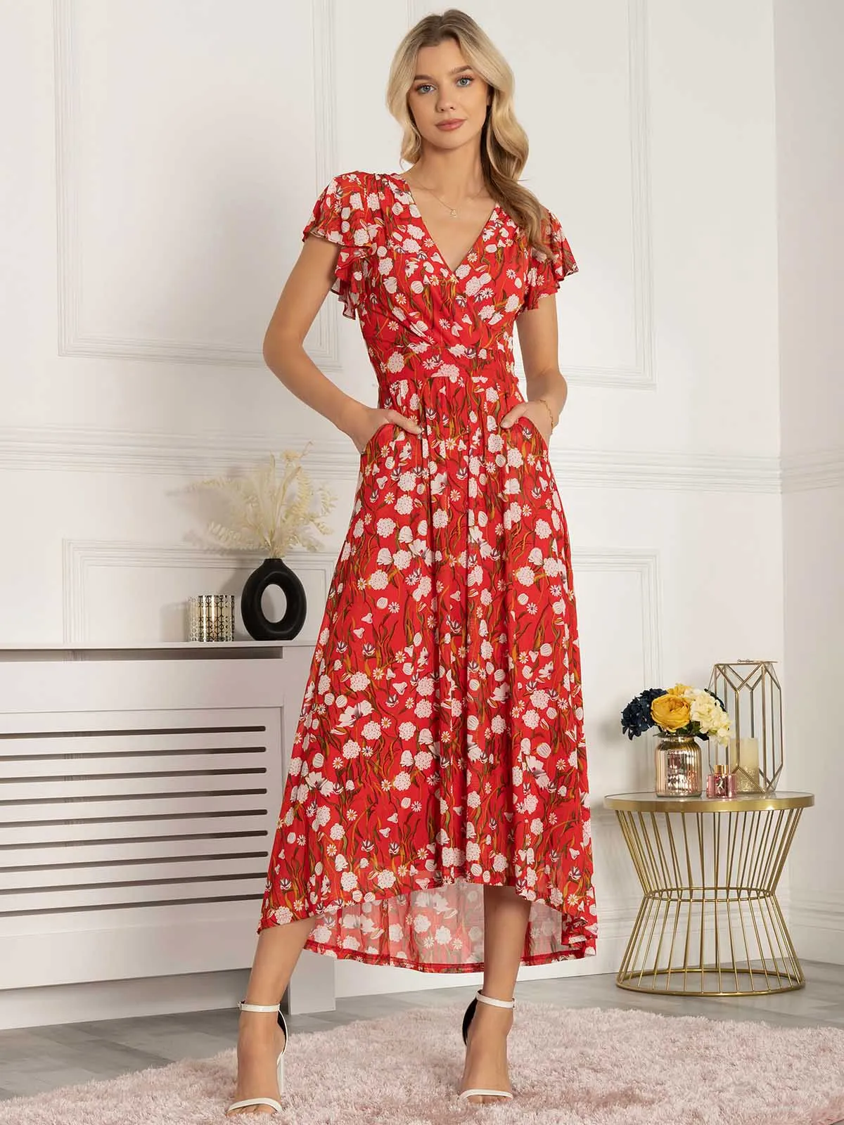 Jolie Moi Eleanor Wrap Mesh Maxi Dress, Red Floral