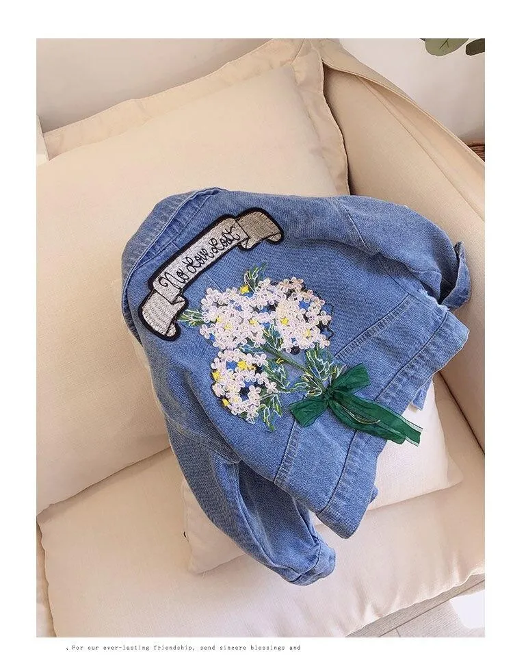 Kids Girls Flower Embroidered Distressed Finish Denim Jackets