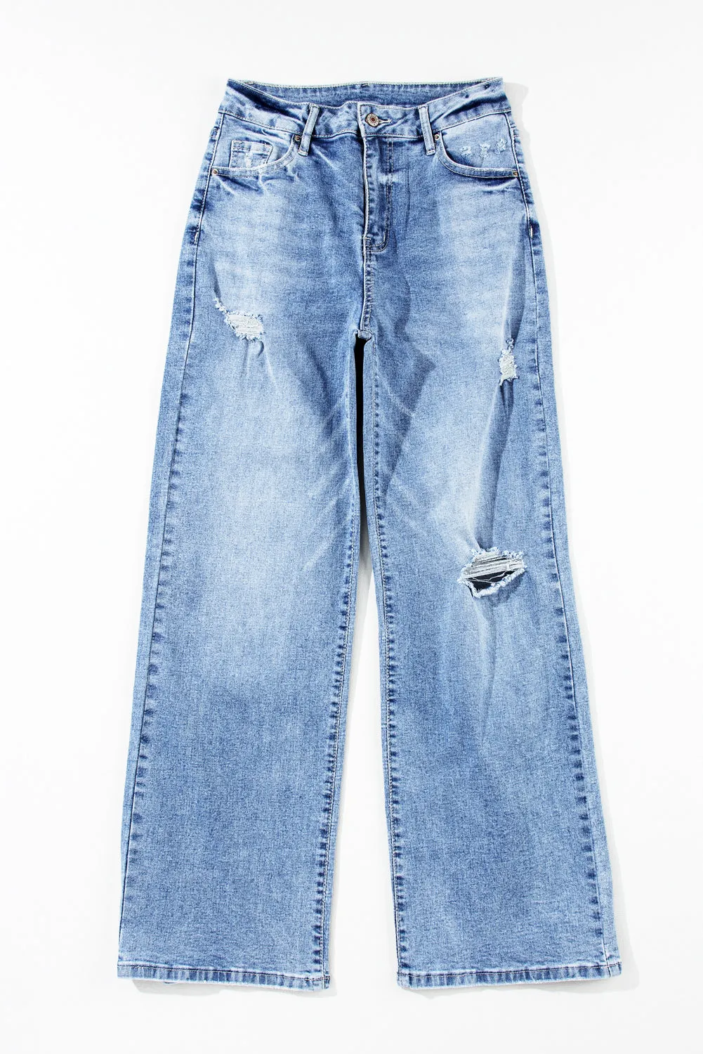 Light Blue High Rise Distressed Straight Leg Jeans