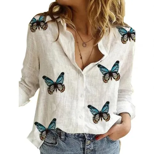 Long Sleeve Butterflies Print Single-breasted Office Shirt Blouse