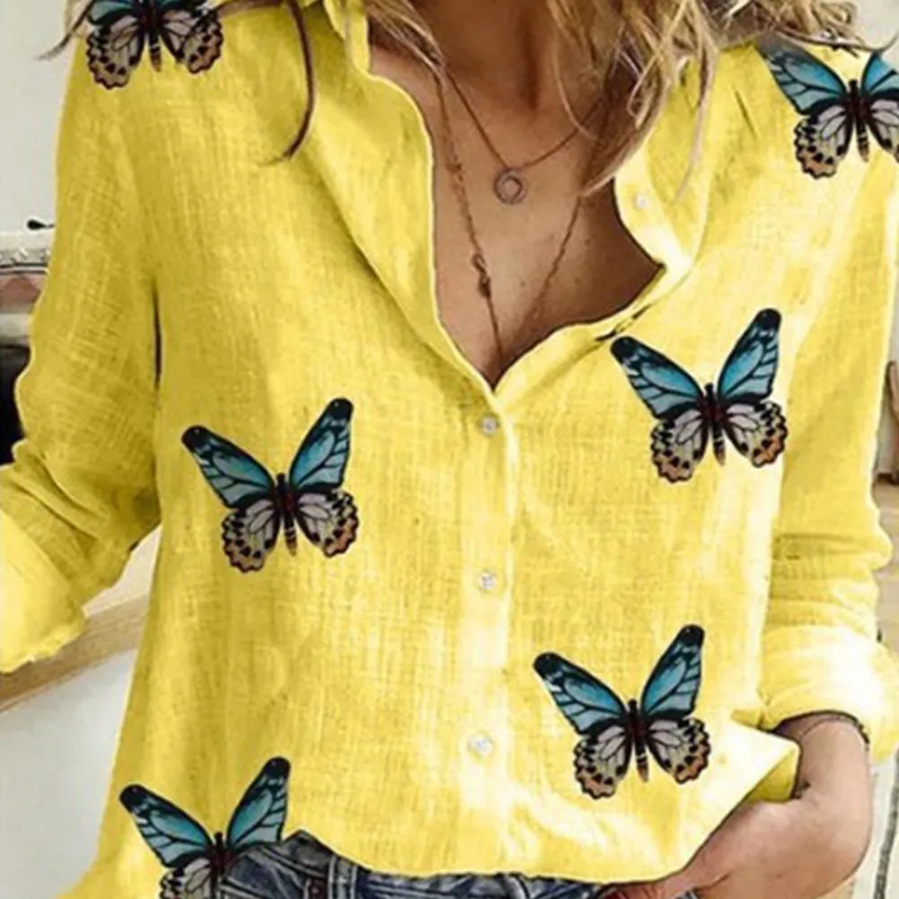 Long Sleeve Butterflies Print Single-breasted Office Shirt Blouse