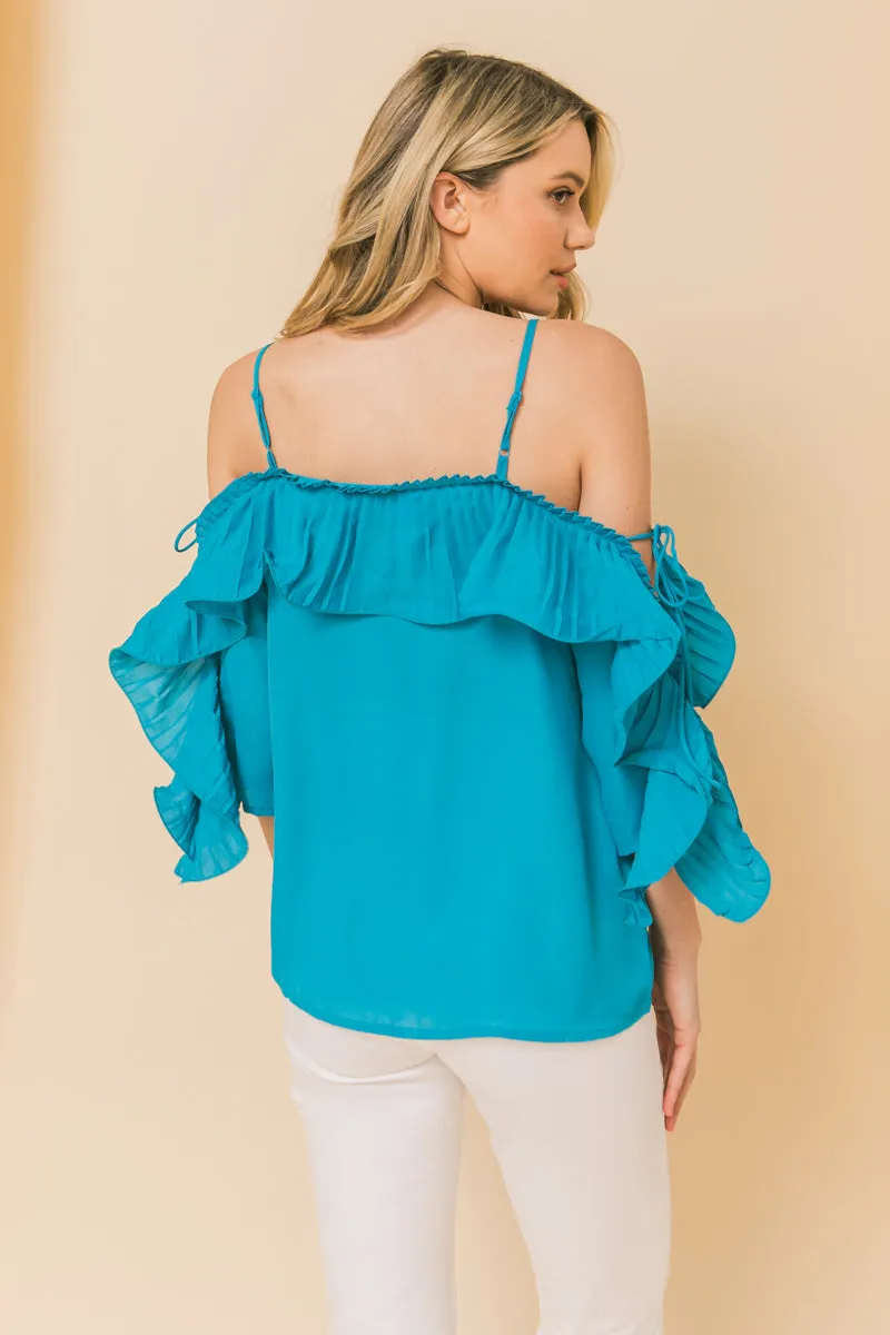 Lopez Turquoise Cold Shoulder Ruffled Pleat Top