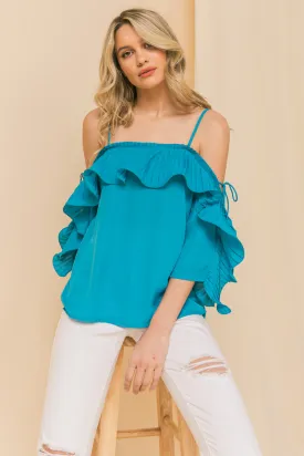 Lopez Turquoise Cold Shoulder Ruffled Pleat Top