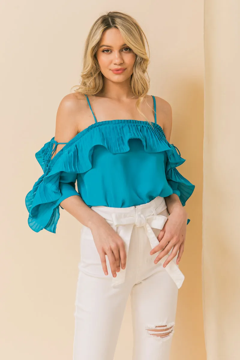 Lopez Turquoise Cold Shoulder Ruffled Pleat Top