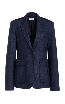 Louisa Blazer in Dark Navy Virgin Wool Silk Tweed