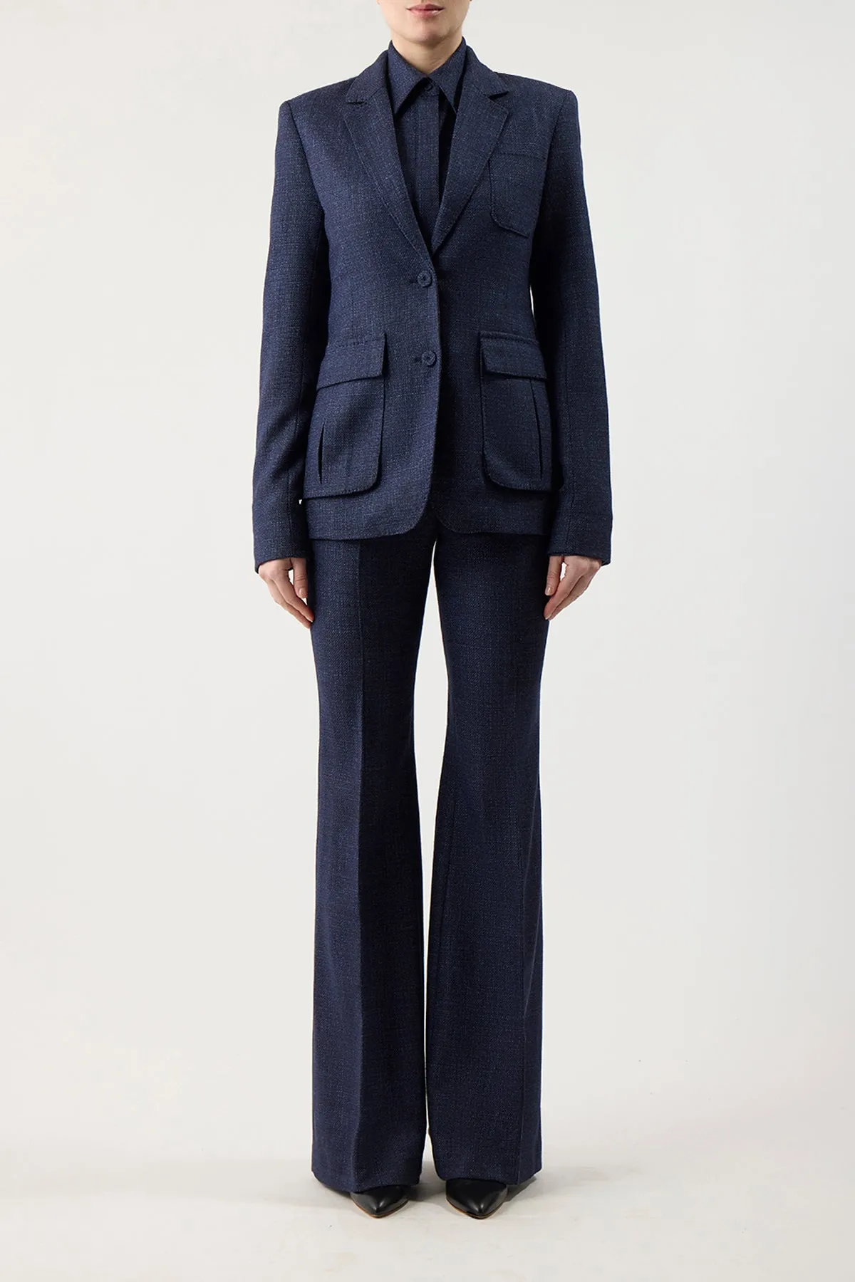 Louisa Blazer in Dark Navy Virgin Wool Silk Tweed