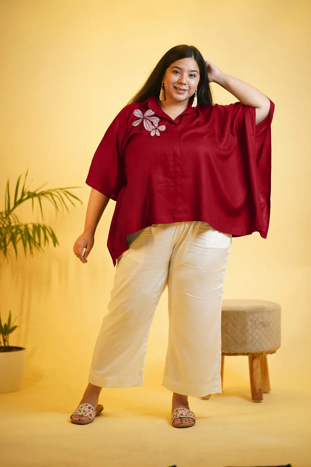 Maroon Rayon KaftanTop & Milky White Palazzo - Splendor