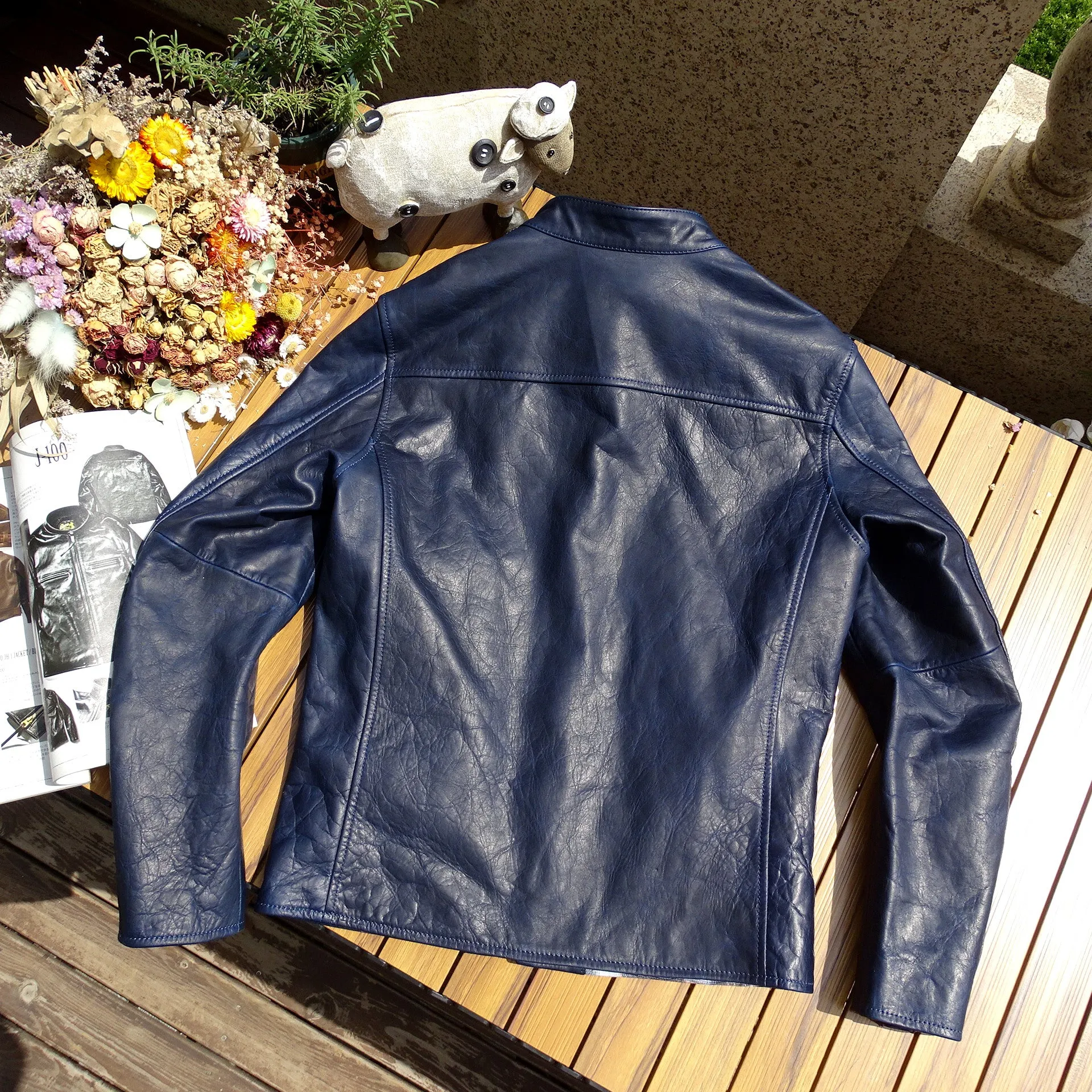 Men's J-100 Indigo Leather Biker Jacket