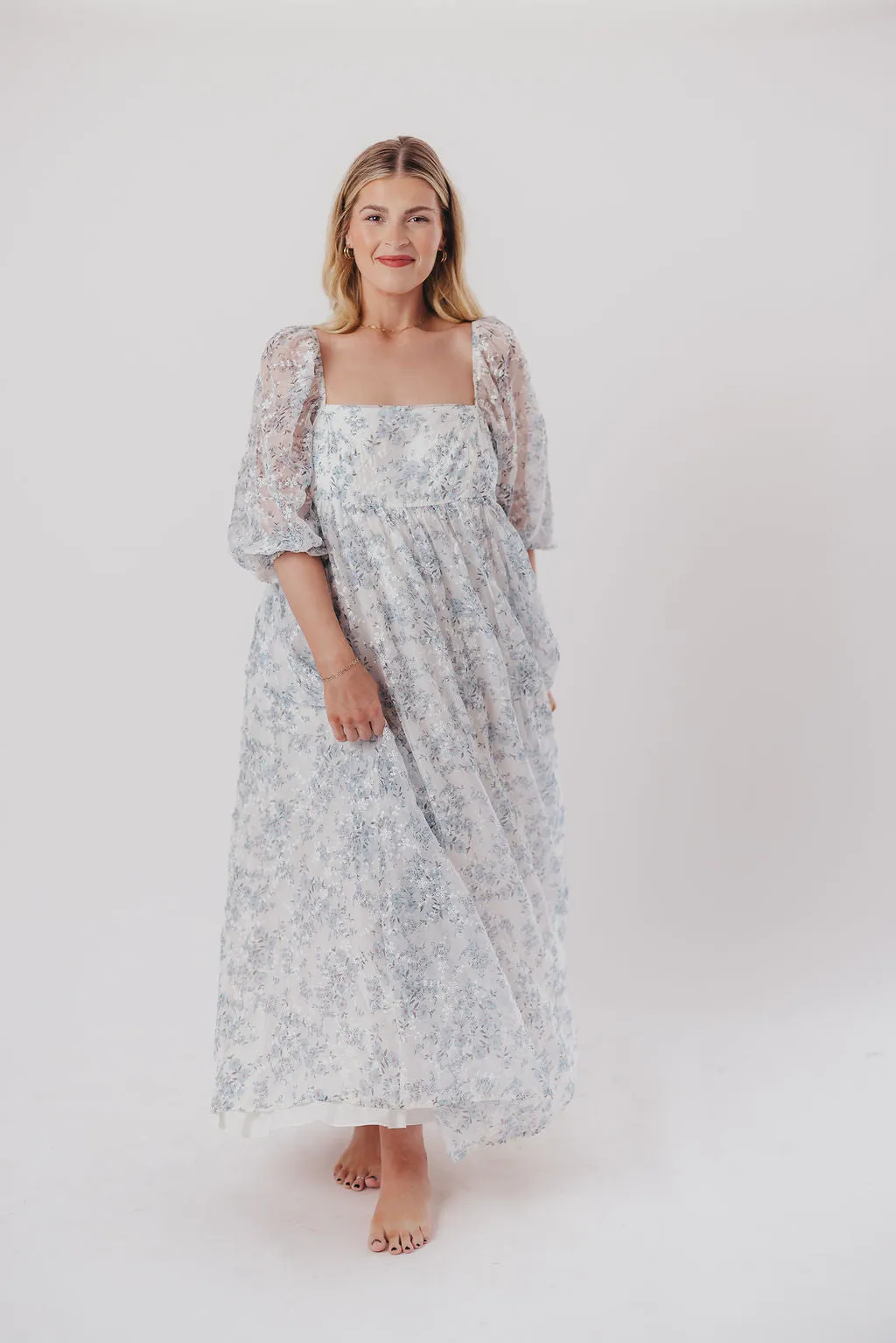 Mona Maxi Dress with Smocking in Blue White - Bump Friendly & Inclusive Sizing (S-3XL)