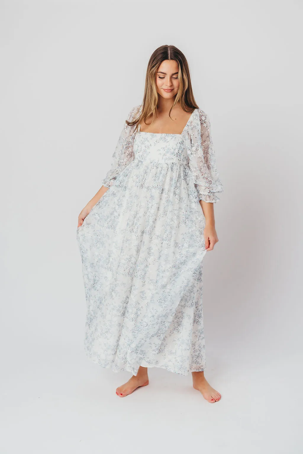 Mona Maxi Dress with Smocking in Blue White - Bump Friendly & Inclusive Sizing (S-3XL)