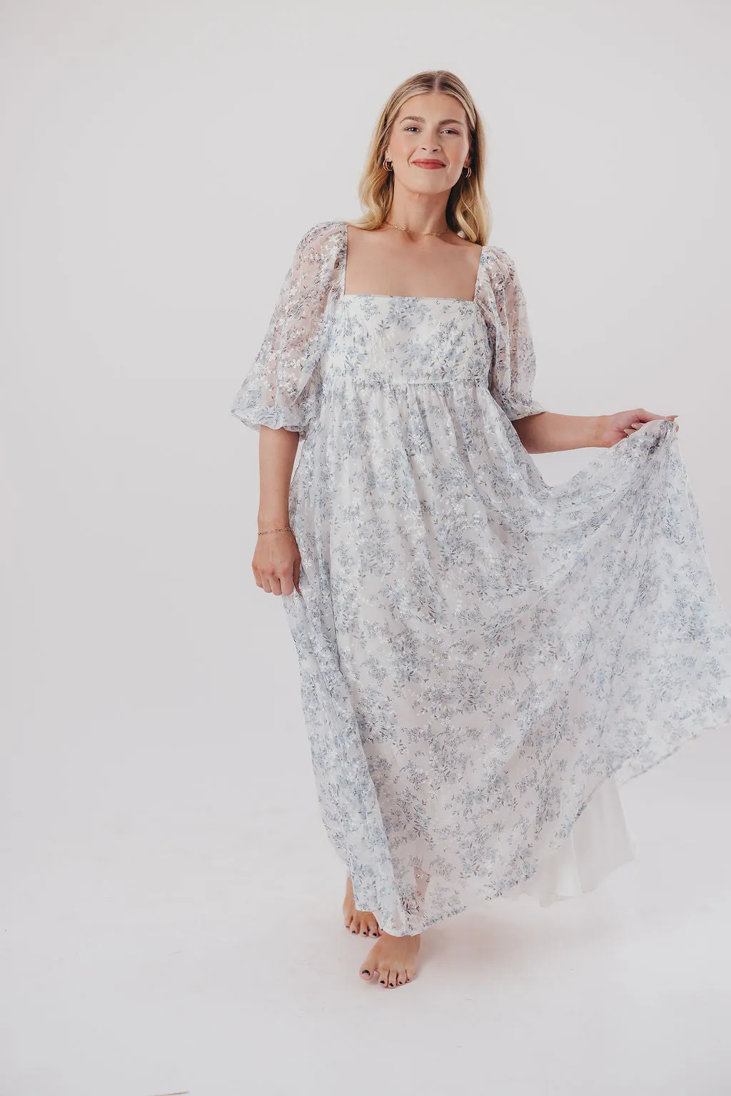 Mona Maxi Dress with Smocking in Blue White - Bump Friendly & Inclusive Sizing (S-3XL)