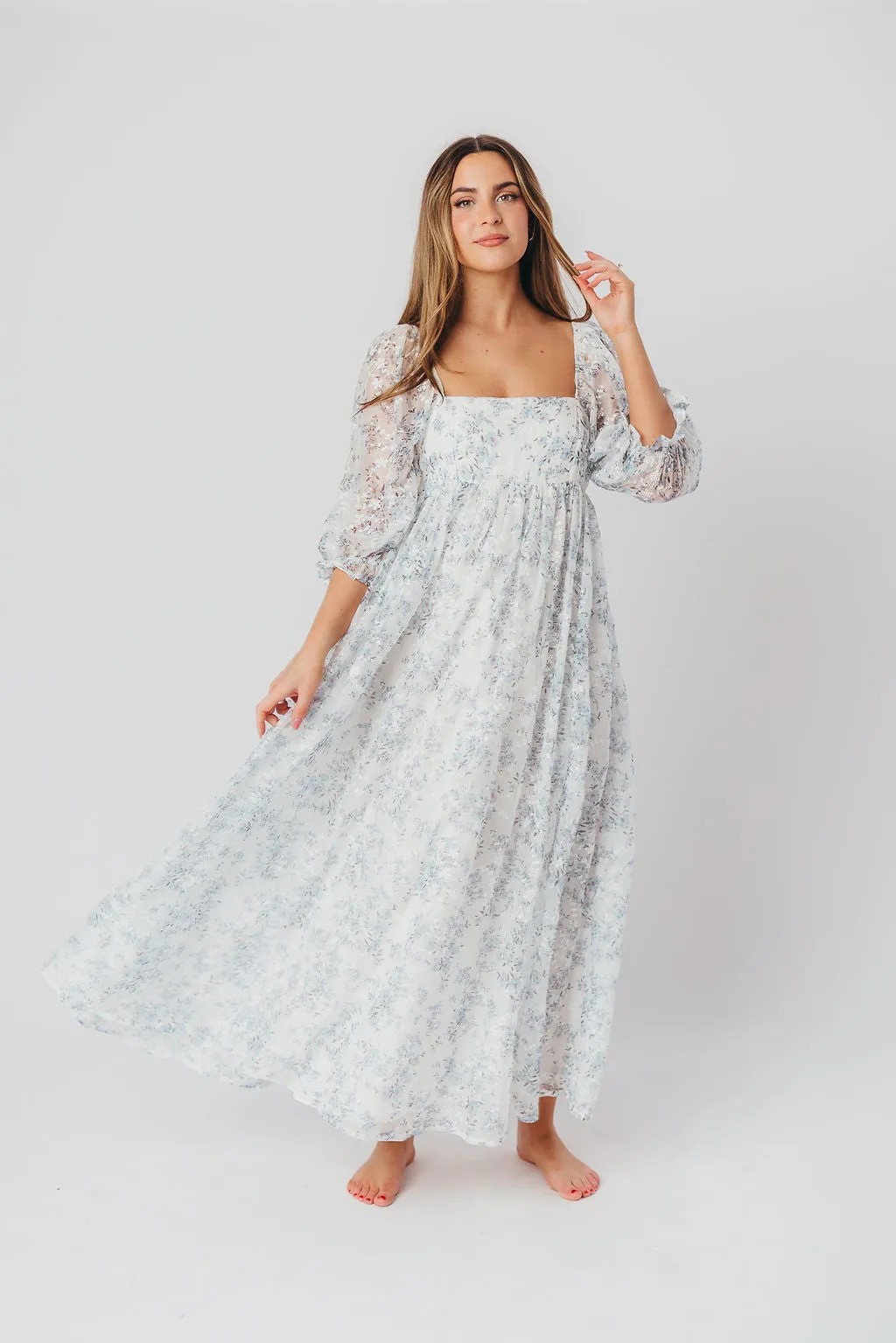 Mona Maxi Dress with Smocking in Blue White - Bump Friendly & Inclusive Sizing (S-3XL)