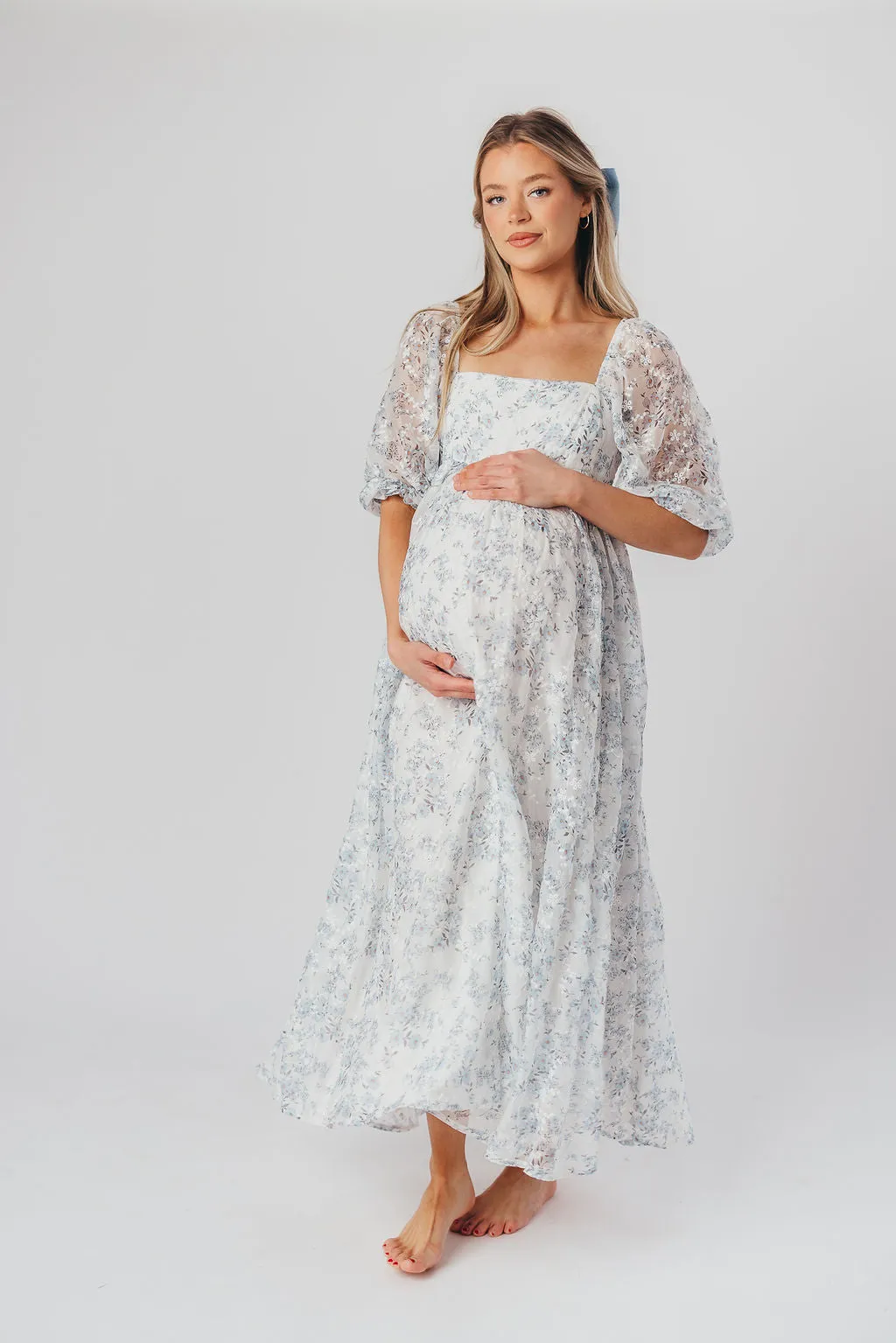 Mona Maxi Dress with Smocking in Blue White - Bump Friendly & Inclusive Sizing (S-3XL)