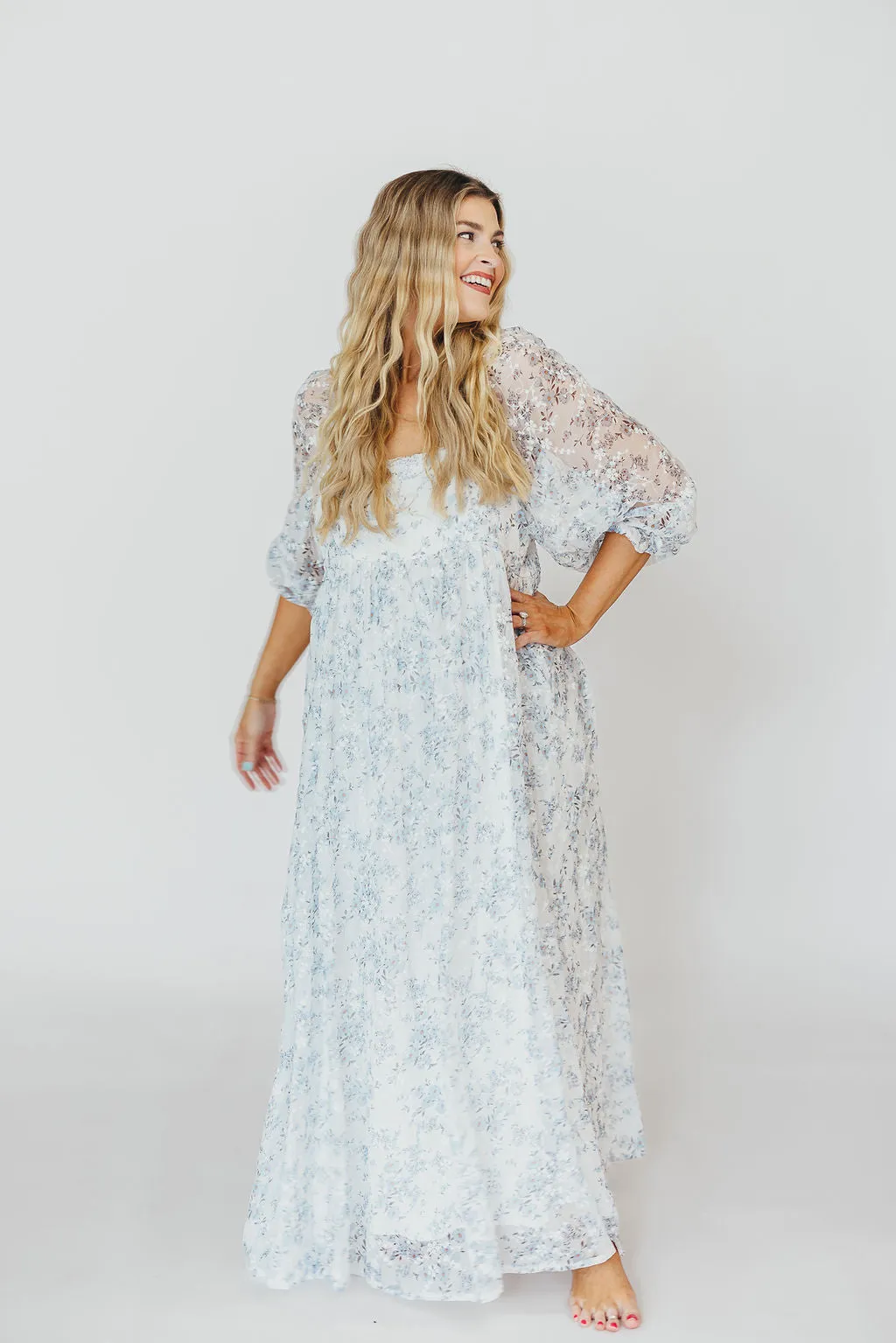 Mona Maxi Dress with Smocking in Blue White - Bump Friendly & Inclusive Sizing (S-3XL)