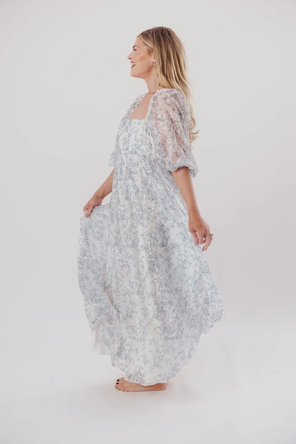 Mona Maxi Dress with Smocking in Blue White - Bump Friendly & Inclusive Sizing (S-3XL)