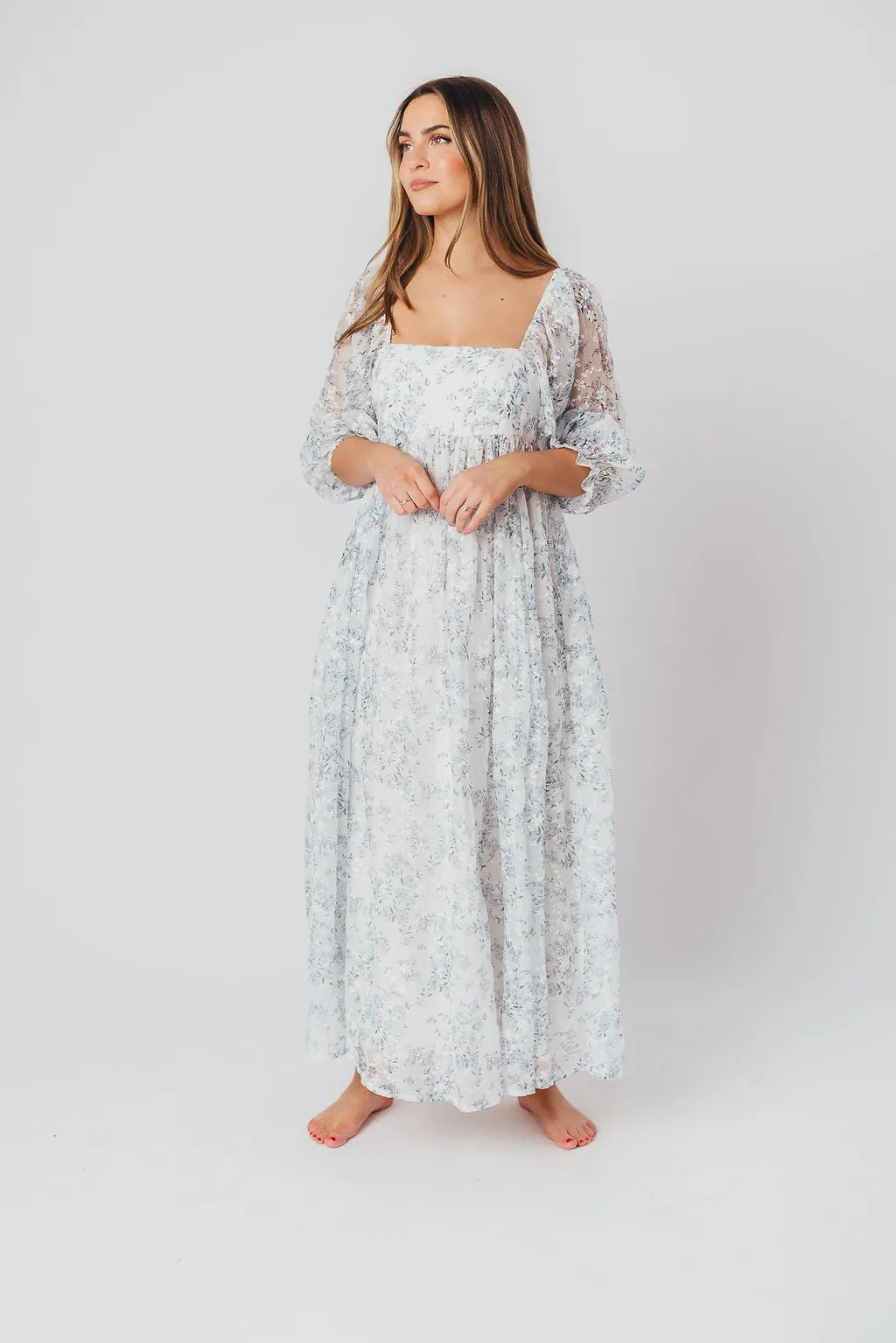 Mona Maxi Dress with Smocking in Blue White - Bump Friendly & Inclusive Sizing (S-3XL)