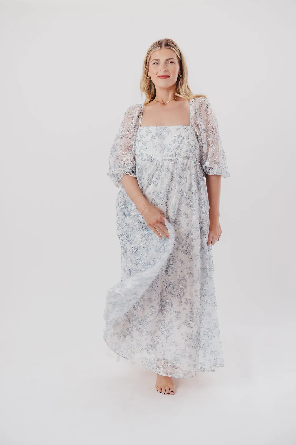 Mona Maxi Dress with Smocking in Blue White - Bump Friendly & Inclusive Sizing (S-3XL)