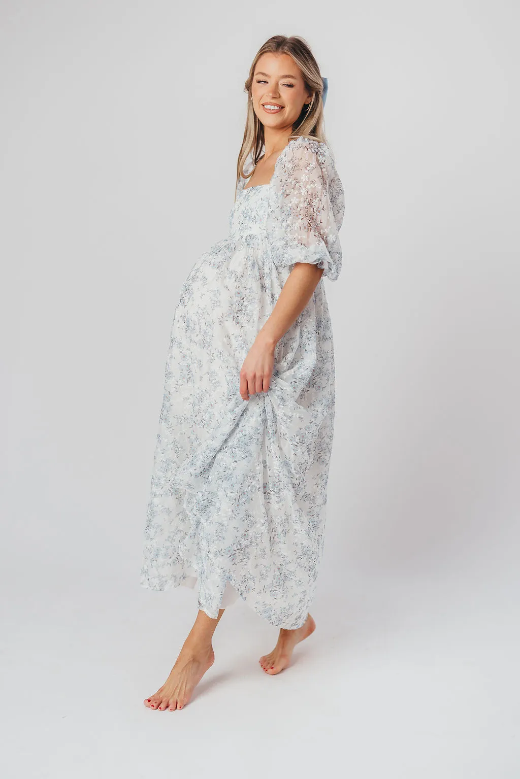 Mona Maxi Dress with Smocking in Blue White - Bump Friendly & Inclusive Sizing (S-3XL)