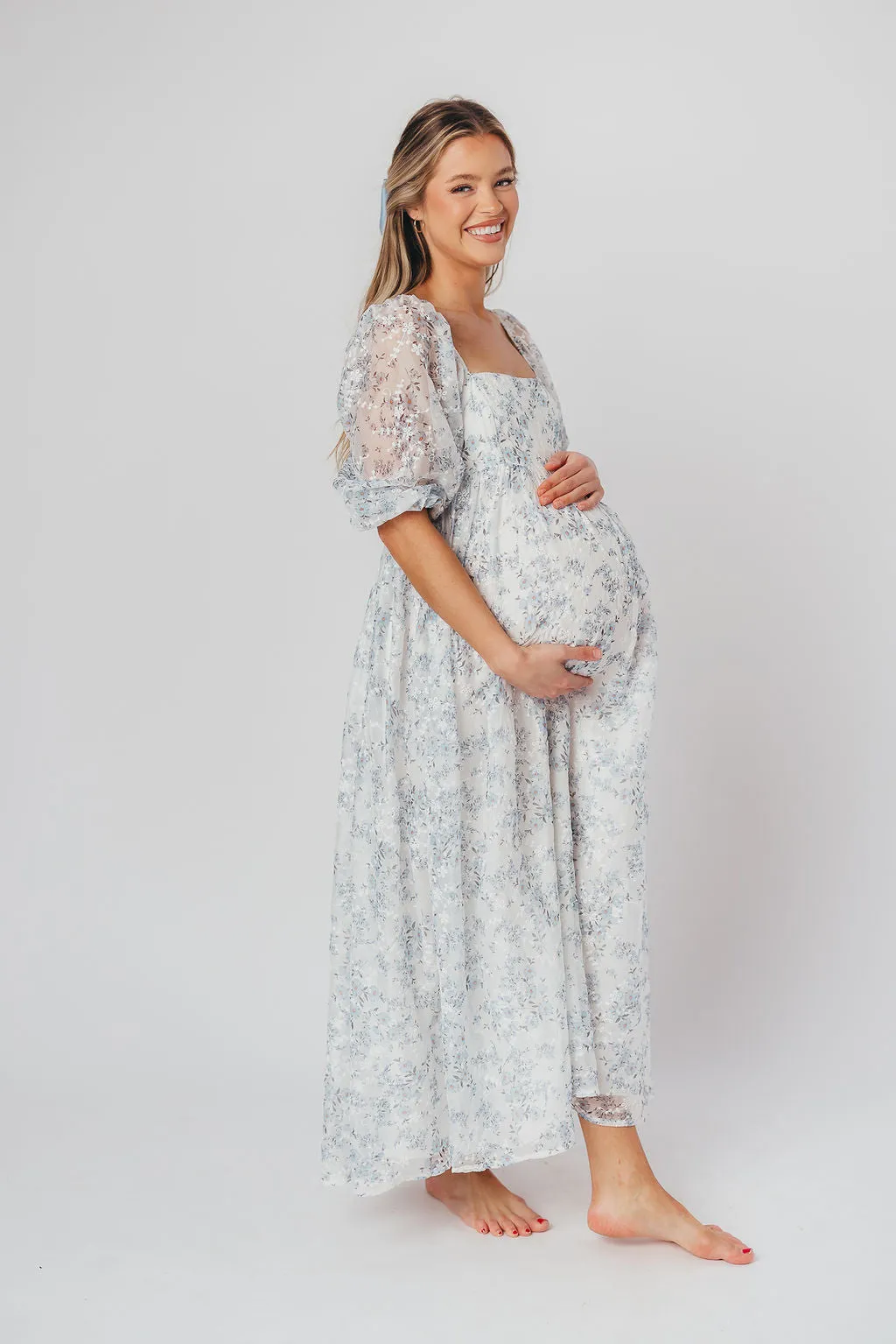 Mona Maxi Dress with Smocking in Blue White - Bump Friendly & Inclusive Sizing (S-3XL)