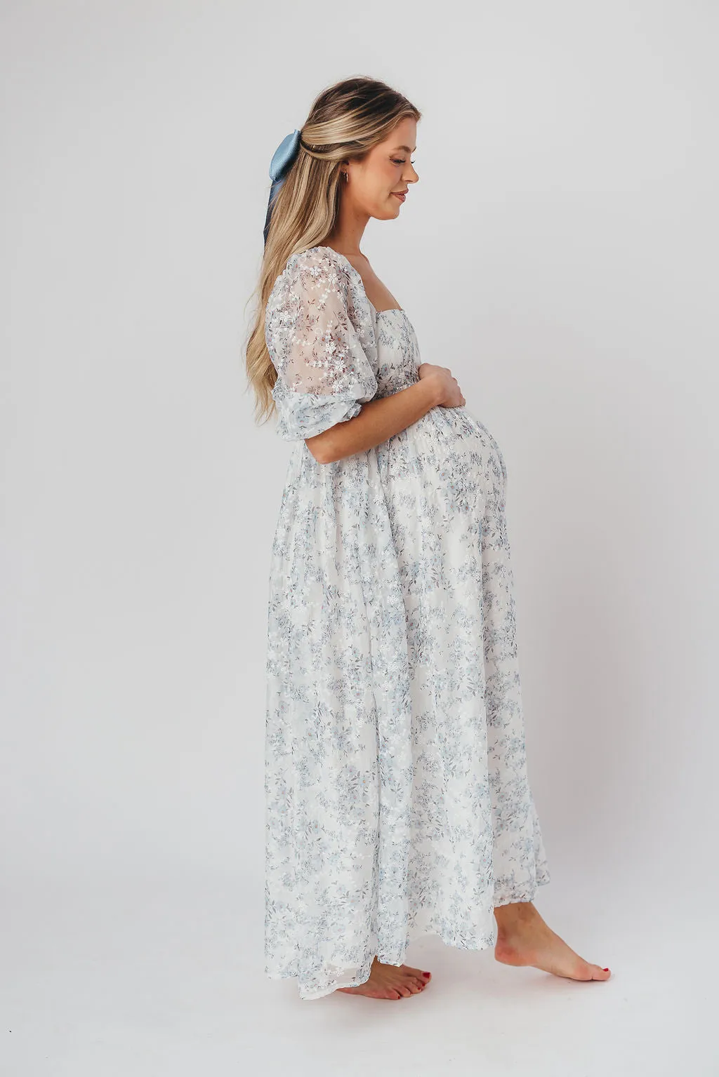 Mona Maxi Dress with Smocking in Blue White - Bump Friendly & Inclusive Sizing (S-3XL)