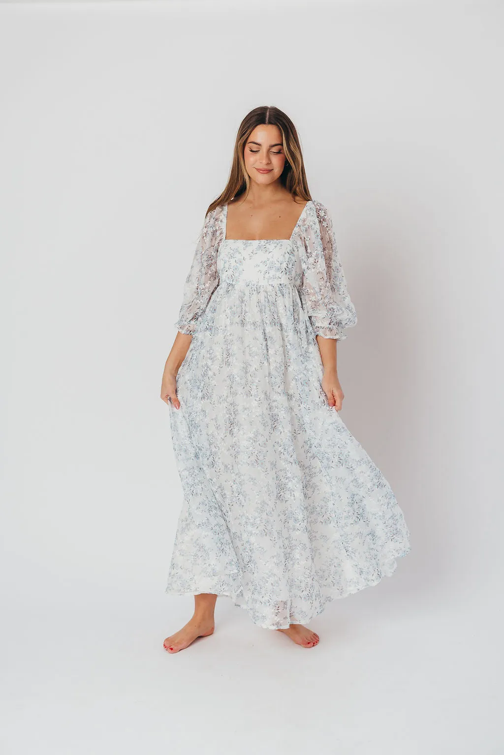 Mona Maxi Dress with Smocking in Blue White - Bump Friendly & Inclusive Sizing (S-3XL)